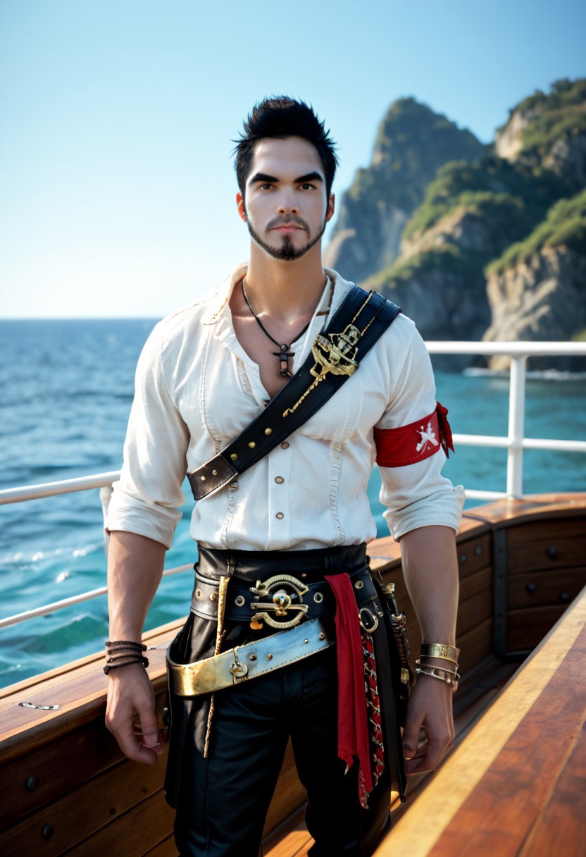 score_9, score_8_up, score_7_up, realistic, bdo_warrior, 1man, 1boy, adult male, upper body, front view, short black hair, facial hair, thick eyebrows, red eyes, pirate outfit, belt over chest, white shirt, black pants, red armband, bracelets, on a ship, ocean, blue sky, sunlight