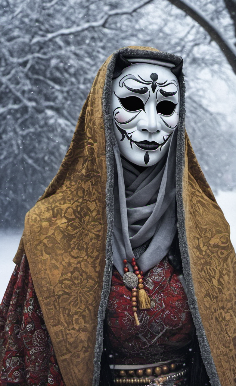 <lora:monk-000004:0.8>,crptedmonk,DamShelma's art capturing an awe-inspiring lady donning traditional African voodoo mask, encircled by a mystical snowfall in wintertime, snowy backdrop, voodoo mask intricate patterns, cold climate, heavy snowflakes drifting down, masked face mystery and enchantment, magic realism style, snowy landscape, winter chill, ethereal beauty, contrasting elements- tropical mask, frosty environment, enhanced detail, vivid colors, eerie allure, digitally rendered, aesthetics of intrigue