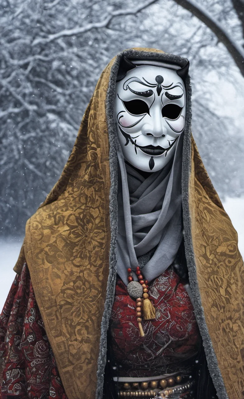 <lora:monk-000004:0.8>,crptedmonk,DamShelma's art capturing an awe-inspiring lady donning traditional African voodoo mask, encircled by a mystical snowfall in wintertime, snowy backdrop, voodoo mask intricate patterns, cold climate, heavy snowflakes drifting down, masked face mystery and enchantment, magic realism style, snowy landscape, winter chill, ethereal beauty, contrasting elements- tropical mask, frosty environment, enhanced detail, vivid colors, eerie allure, digitally rendered, aesthetics of intrigue