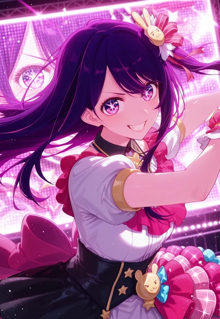 score_9, score_8_up, score_7_up, score_6_up, 8k, highest quality, high detail, masterpiece, best quality, source_anime, anime, detailed eyes, (1girl, hoshino ai, purple hair, pink eyes, idol outfit) smiling, teeth, looking at viewer, depth of field, detailed background, dynamic pose, dynamic angles