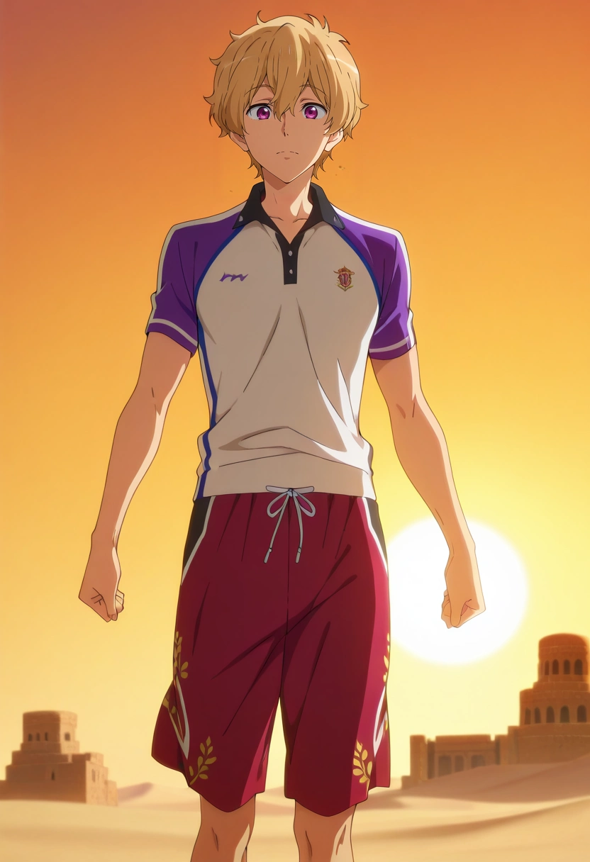 masterpiece, best quality, intricate details, anime screencap, anime coloring, official style, , 1boy, solo, male focus, <lora:nagisa_hazuki_ilxl:0.92>, nagisa_hazuki, blonde hair, purple eyes, desert palace, sand towers, sun courts, wind gardens, noble pose, regal expression, golden hour, Cherry Cargo swim trunks, Performance polo, , ,
