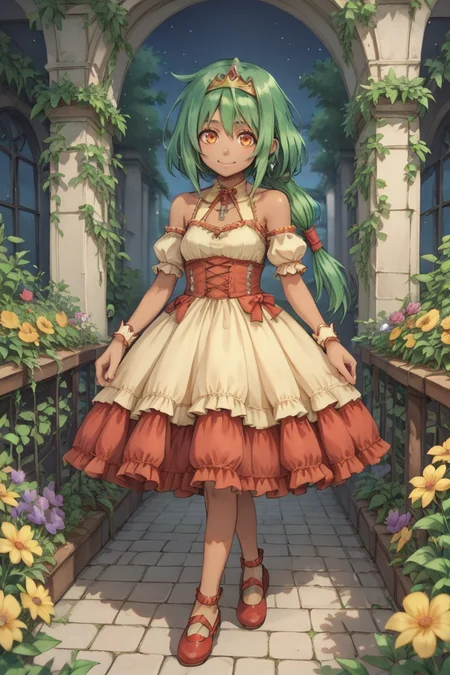 (score_9, score_8_up, score_7_up, score_6_up), source anime, BREAK, solo, <lora:Kylier:0.6> , kylierdef, 1girl, dark skin, green hair, low-tied long hair, long hair, orange eyes, bare shoulders, <lora:wrenchlogown-PonyXL:0.8> , wrenchlogown, gown, princess dress, layered clothing, puffy sleeves, red footwear, full body, night, exterior, garden, courtyard, closed mouth, smile, <lora:zy_Detailed_Backgrounds_v1:0.5> , detailed background, highly detailed, <lora:backgroundsetXL:0.4> , background, <lora:m4gXLP:0.7> , m4g,