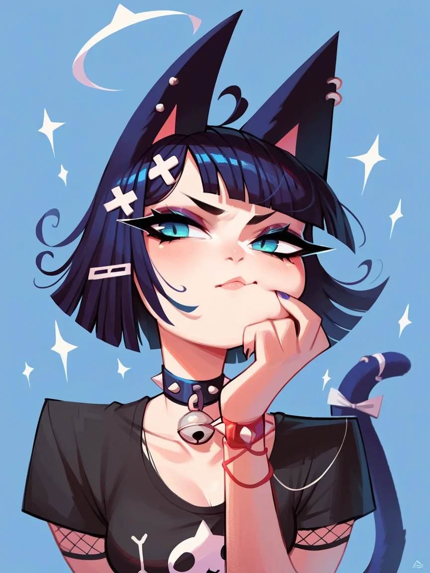 score_9, score_8_up, score_7_up, score_6_up, score_5_up, <lora:4nd43rzXLP:0.8> 4nd43rz, 1girl, cat ears, cat tail, goth, blue background