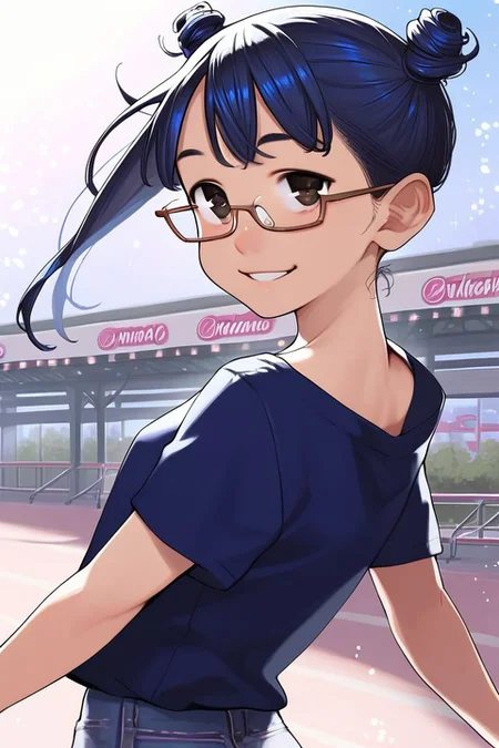 score_9, score_8_up, score_7_up, 1girl, squinting eyes smile, blue hair, long_fringe, triple_bun, dark_brown eyes, flat chest, glasses, roller coaster, glitter particles <lora:yomu_(sgt_epper)_PonyXL_style_v01:1>