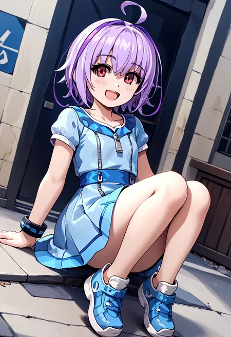 score_4,score_5,score_6,score_7_up,score_8_up,score_9 ((masterpiece,best quality,ultra detailed,highres,HD,4k:1.2)), 
1 girl,solo,face focus,
Joule(GV1),Purple hair,side locks,ahoge,multicolored hair,short hair, red eyes,
short sleeves, blue dress, zipper, bracelet, thighs, bare legs,shoes,
indoor,
smile,open mouth,hapy,blush,