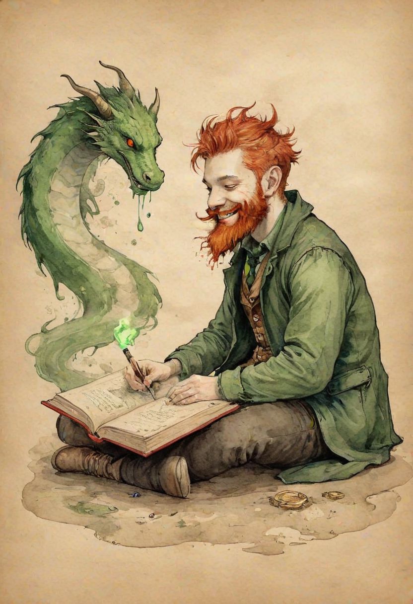 old book style ink illustration, on parchment, ink splashes, ink stains, ink smears, faded ink, dragon, smile, friendly, green skin, floating, full body, seating in a treasure, with a friendy leprechaun on his side, redhead beard