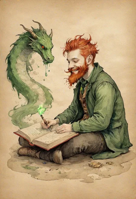 old book style ink illustration, on parchment, ink splashes, ink stains, ink smears, faded ink, dragon, smile, friendly, green skin, floating, full body, seating in a treasure, with a friendy leprechaun on his side, redhead beard