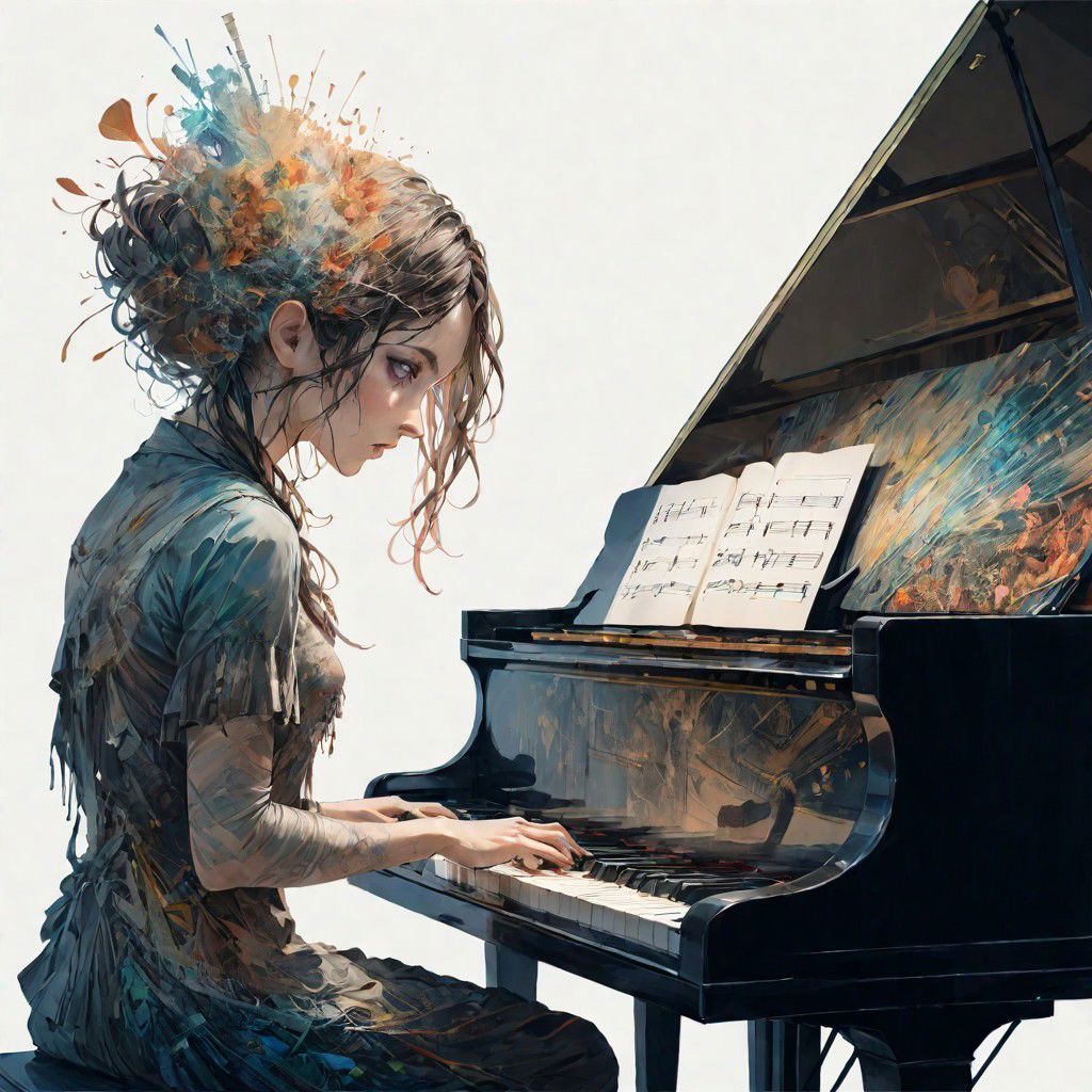 A musician sideways sitting at the piano fingers moving quickly playing enchanting melodies, by Minjae Lee, Carne Griffiths, Emily Kell, Steve McCurry, Geoffroy Thoorens, Aaron Horkey, Jordan Grimmer, Greg Rutkowski, amazing depth,high resolution, ink painting