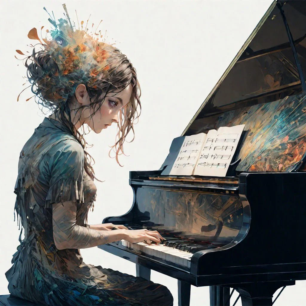 A musician sideways sitting at the piano fingers moving quickly playing enchanting melodies, by Minjae Lee, Carne Griffiths, Emily Kell, Steve McCurry, Geoffroy Thoorens, Aaron Horkey, Jordan Grimmer, Greg Rutkowski, amazing depth,high resolution, ink painting