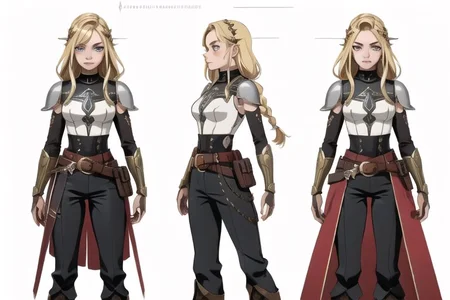 1woman, solo, armor, pauldrons, <lora:BarbarianT-18:0.8>, BarbarianT, muscular female, bare very muscular abs, ((masterpiece: 1.4, perfect face, best quality: 1.2)), saturated brown tones, ultra highly detailed, detailed eyes, delicate hair details, armor faulds, fantasy crop top, arm armor, armor greaves, short tippet, large breasts, sexy eyes, devilish grin, mixed blonde hair, very long spiky hair, many braids in long hair, intricate details, hazel eyes, eyeliner, eyelashes, crossed_bangs, warpaint, one bare muscular armor with viking design tattoo, wide striped puffy sleeves, multicolor sleeves, tribal design asymmetrical lion cloths, leather boots, wide striped baggy pants trousers, tassel belt accessories, barbarian woman, brown leather hip belt with pouch on right side of hip, sword on left side of hip belt, leather gloves with fur trim, nordic, fantasy aesthetic,(2d saturated colors), fine details, intense,(lineart:1.33), charactersheet, reference sheet, multiple views, white background