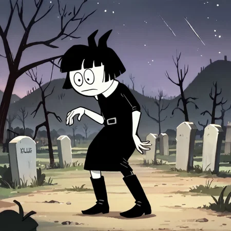 score_9, score_8_up, score_7_up BREAK CrepSus, 1girl, black hair, black bob cut, blunt bangs, black eyes, pale skin, white-collared sleeveless black shirt, black belt, white buckle, black mini-skirt, black boots, killing the viewer, night graveyard background, nightly cemetery outdoors,