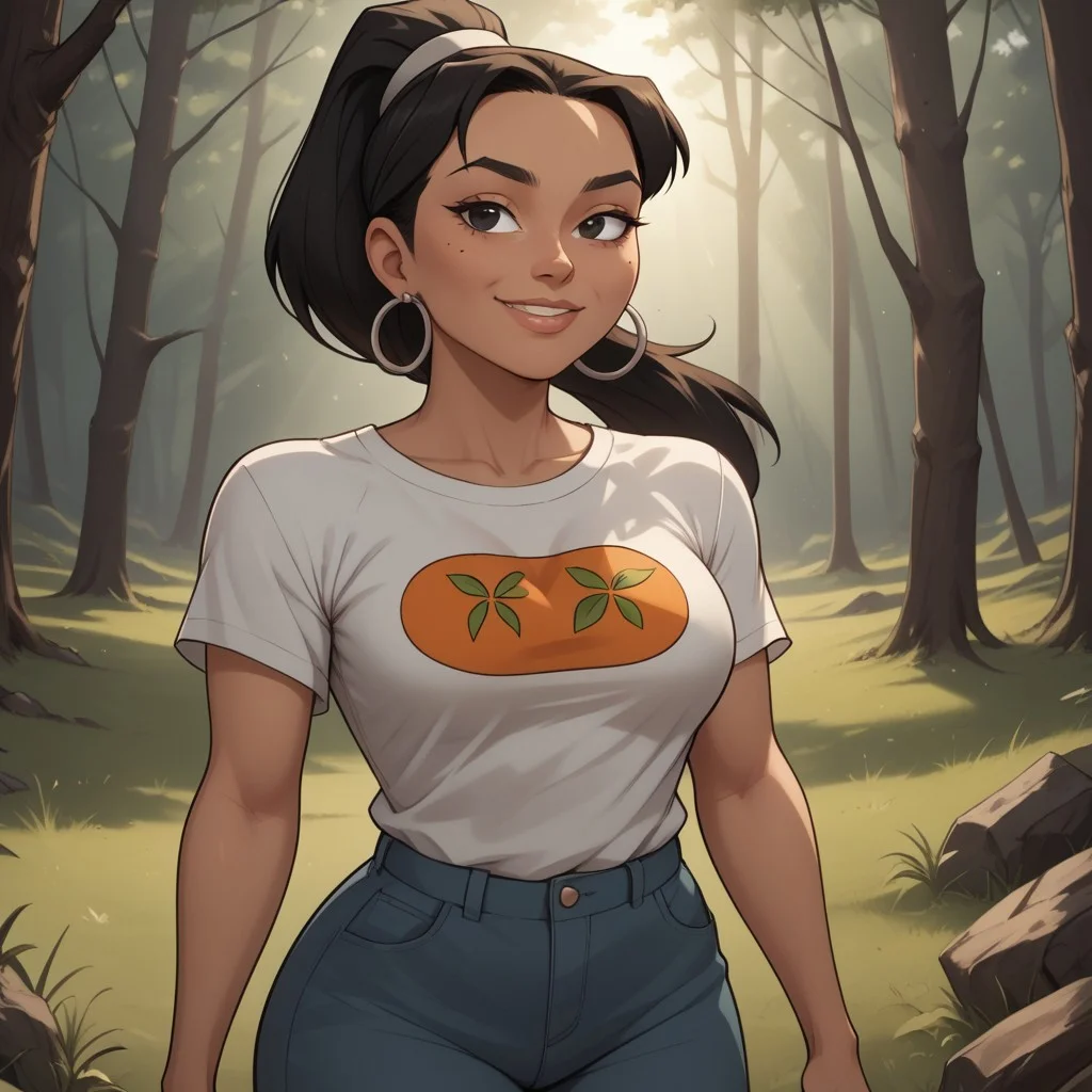 score_9, score_8, BREAK, solo, black hair, black eyes, lips, food print shirt, white shirt, short sleeves, blue pants, hoop earrings, dark skin, ponytail, mole under eye, big breasts, Total Drama, Leshawna_(Total_Drama), sexy pose, smile, outdoors, sunlight, shadows, evening lighting, natural lighting, forest, trees, grass, orange sky, sunset