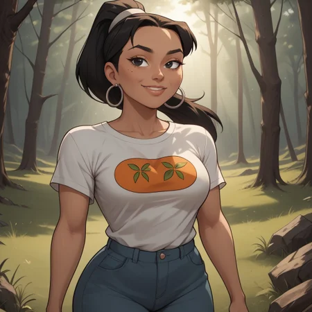 score_9, score_8, BREAK, solo, black hair, black eyes, lips, food print shirt, white shirt, short sleeves, blue pants, hoop earrings, dark skin, ponytail, mole under eye, big breasts, Total Drama, Leshawna_(Total_Drama), sexy pose, smile, outdoors, sunlight, shadows, evening lighting, natural lighting, forest, trees, grass, orange sky, sunset