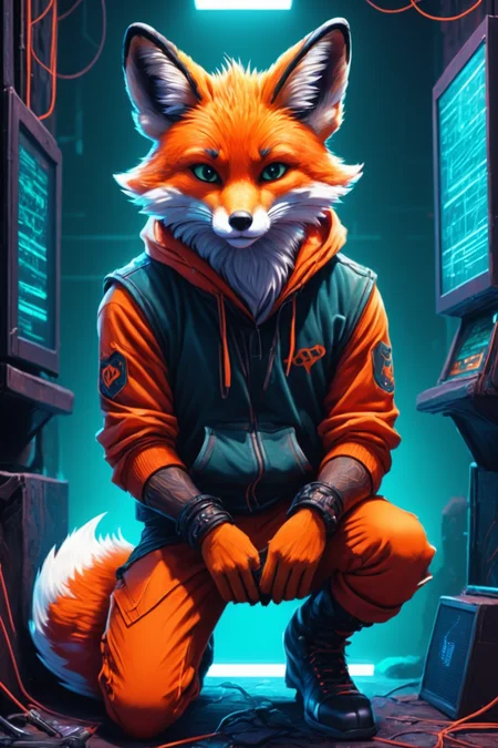 Detailed digital illustration of an anthro Fox (Kneeling thoughtfully, introspective pose) at a Underground hacker den with neon screens, <lora:xl_more_art-full_v1:0.5>, <lora:anthro_muscular:0.7> , <lora:madpunk:0.4> madpunk