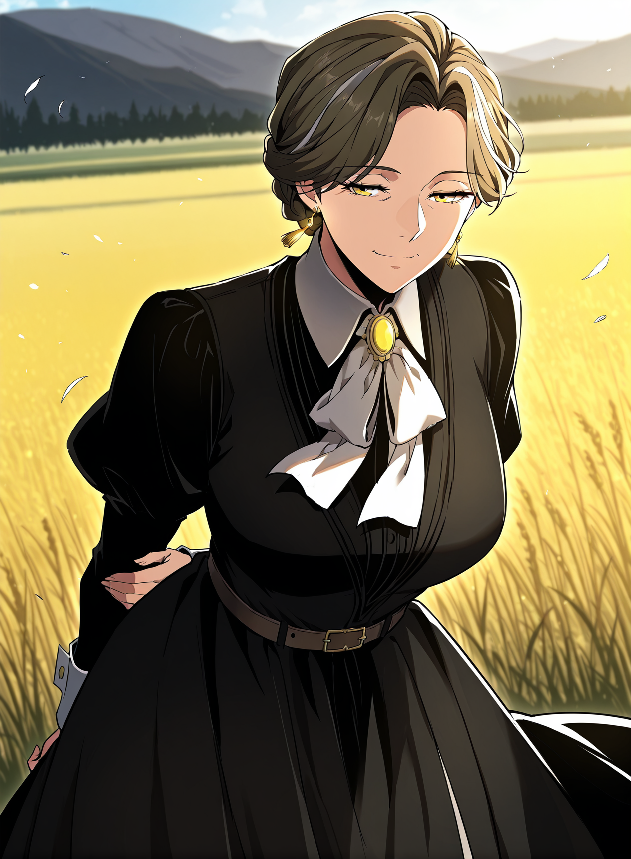 <lora:Wilbeck__The_Beginning_After_the_End__Illustrious:1>
Wilbeck, 1 girl, solo, mature woman, yellow eyes, brown medium hair, silver streaks, side-parted, braided updo,
black victorian dress, white cravat, wide cuffs, waist belt, gold earrings, formal outfit
score_9, score_8_up, score_7_up, very aesthetic, source_anime, detailed, high quality, beautiful, masterpiece, detailed eyes, field, blurry background, pose dynamic angle, upper body, cowboy shot, light smile, floating hair, half-closed eyes, hands behind back, leaning forward, looking forward, looking at viewer