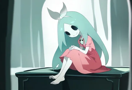 score_9, score_8_up, score_7_up BREAK Dthgrl, 1girl, ghostly appearance, pale skin, black hollow eyes, cyan hair, white bow, pink dress with skull brooch, barefoot, smiling at viewer, solo, solo focus,