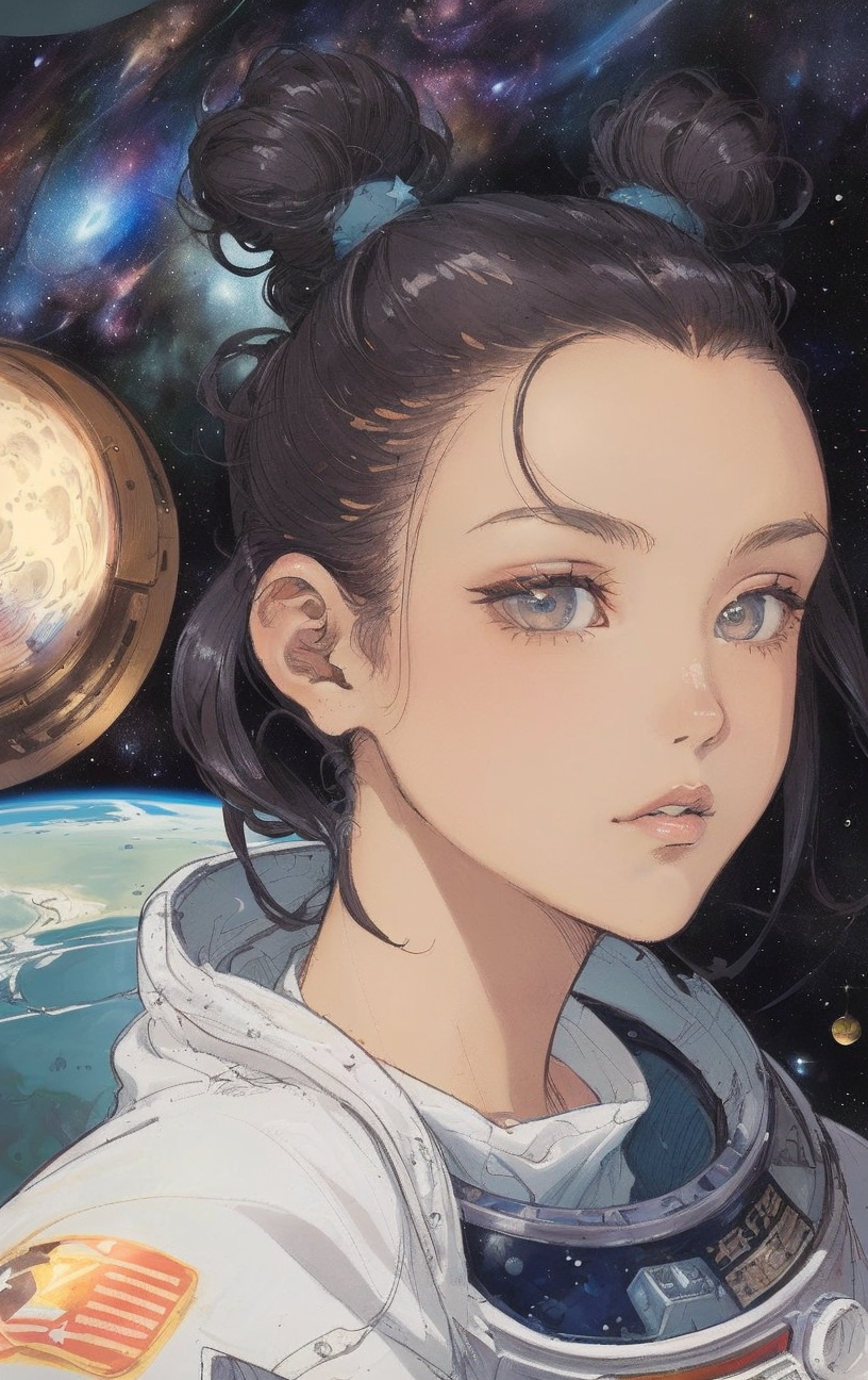 artwork <lora:Moebius:1>, Full Shot of on the left 1man 40yo (Rikashitakufu:1.3), Space Buns hair, on the right 1man 50yo (Burnell Couet:1.3), Quiff hair star cluster, space exploration