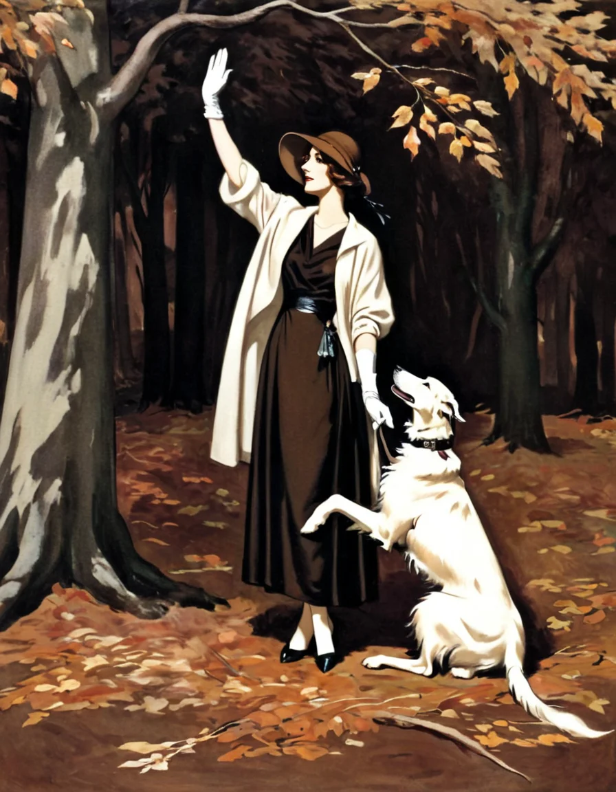 a NPrice painting depicting an outdoor shot, a woman stands alongside a dog. She is on the right of the frame, while the dog is positioned at the bottom. The dog is largely obscured by the woman. The woman sports a full length black dress, accentuated with white gloves, a black hat and a light brown purse. Her right hand is raised, gesturing towards the scene. The dog, a borzoi, is predominantly white, with its head and legs visible. It is lying on the ground, relaxed. The backdrop consists of foliage in varying shades of brown, hinting at an autumnal setting. The color palette used in the image gives it an antique or vintage feel. The backdrop seems to capture a forest or thicket with dense trees and leaves. The light direction is not overtly distinct, suggesting a soft, diffused illumination. The color choices contribute to setting a rustic or historical mood. THe scene is set in 1927. <lora:NPrice1-000006:1>