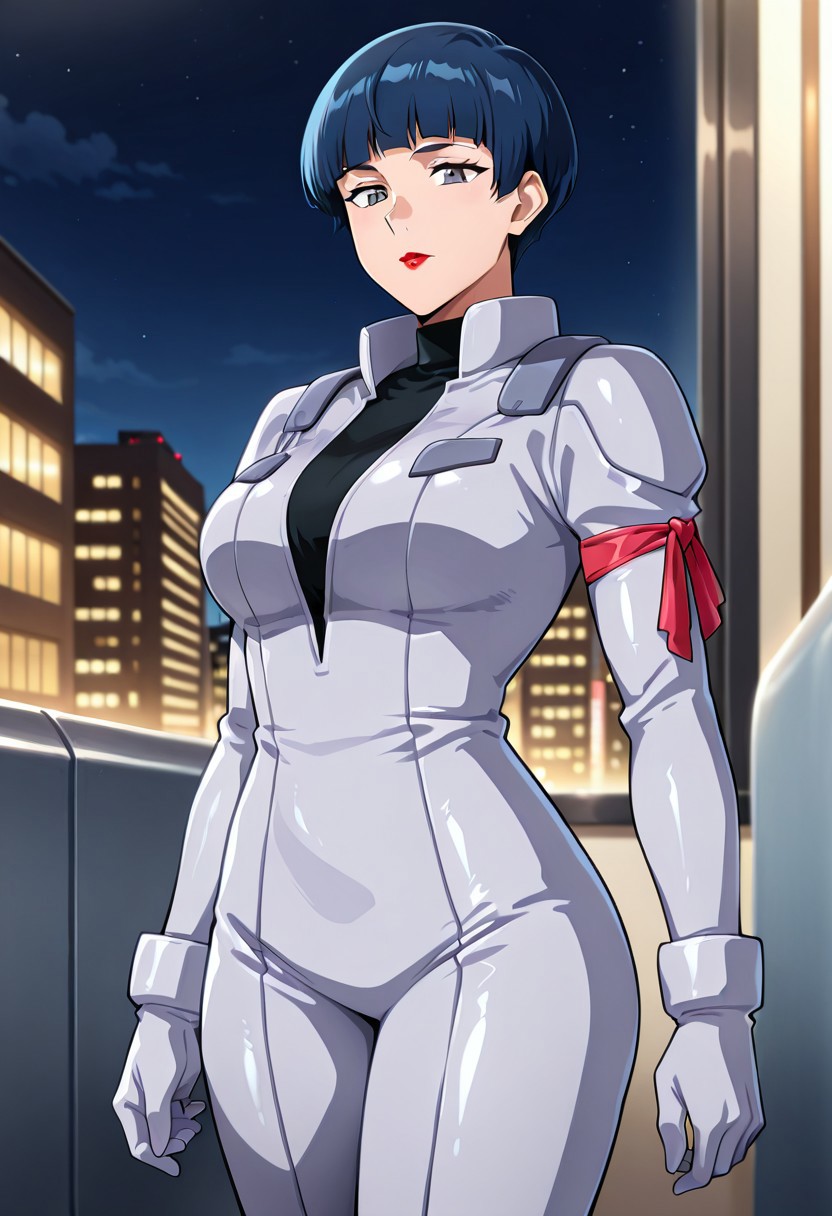 ((masterpiece, absurdres)), best quality, amazing quality, newest, 4k, anime coloring, very aesthetic, ray tracing, Smooth Quality, CG,city view,Miliera,1 mature female, blue hair, bowl haircut, grey eyes, red lips, pilotsuit, turtleneck t-shirt, arm ribbon,gloves