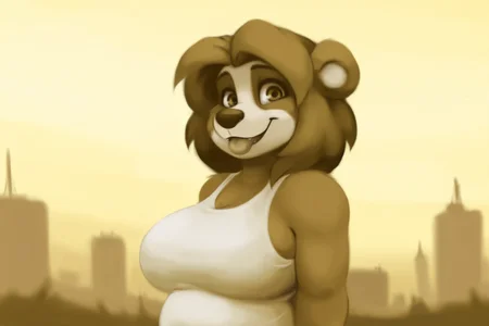 masterpiece, best quality, amazing quality, very aesthetic, high resolution, ultra-detailed, absurdres, newest, scenery, depth of field, scenery, volumetric lighting, by dogyd, monochrome, furry, furry female, anthro, bear, solo, 1girl, female focus, huge breats, belly, animal ears, plump, tank top, tongue out, half-length portrait, tongue, medium hair, pectorals, yellow theme, muscular female, fat, obese, big breasts, smile, looking at viewer, tight clothes, side view