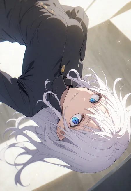 score_9, score_8_up, score_7_up, score_6_up, masterpiece, best quality, absurdres, cinematic, dynamic angle, perfect composition, solo, 1girl, medium breast, gojou satoru, blue eyes, white hair, long hair, round sunglasses on head, jacket, black jacket, gakuran, school uniform, high collar, smirk, standing, looking at viewer,