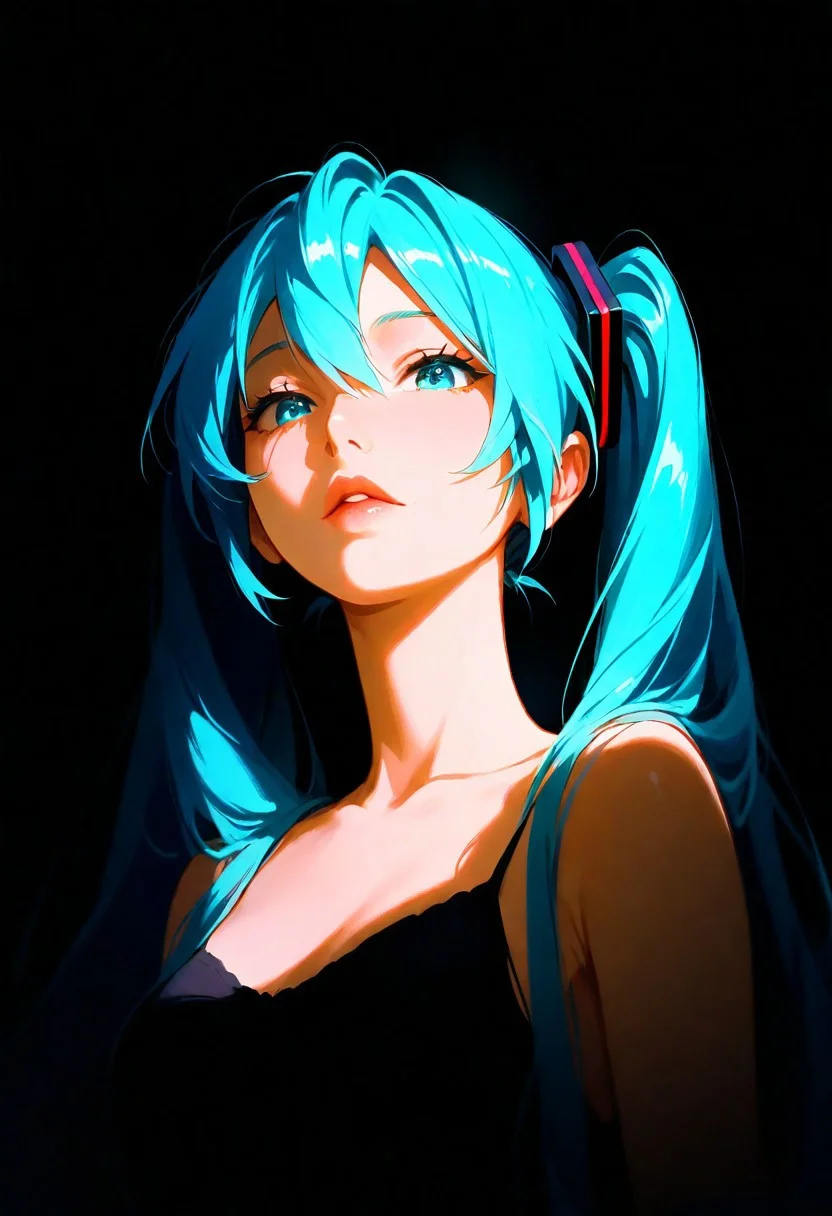 1girl, hatsune_miku, lips, thin lips, parted lips, solo, looking at viewer, camisole, upper body, dark, underlightling, masterpiece, best quality, very aesthetic