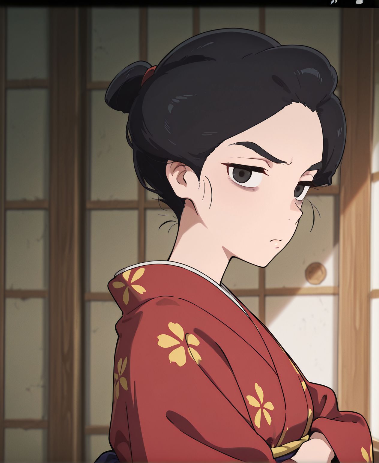 masterpiece, best quality, newest, absurdres, highres, detailed eyes, beautiful, detailed background, perfect eyes, anime coloring, anime screencap,
<lora:Miss_HOKUSAI:0.8>sarusubeniV1,
black hair,kimono,japanese clothes,
closed mouth,1girl,open mouth,
black eyes,closed eyes,m_oei,
upper body, standing, crossed arms, 
from side, 
BREAK
<lora:disgusted_gaze:0.7>disgusted_gaze,
1girl,solo,
looking at viewer,
dress,disgusted gaze,