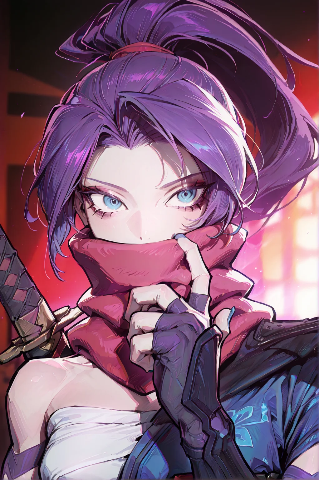 1girl, solo, (portrait:1.5), 30y, <lora:Psylockev1_Illu_Dwnsty:1> psylocke_mvr, blue eyes, purple hair, high ponytail, parted bangs, long hair, red scarf, scarf over mouth, japanese clothes, chest sarashi, kimono, sash, red belt, obi, single shoulder pad, fingerless gloves, arm guards, nail polish, blue nails, black footwear, blue thighhighs, sheath, weapon on back, blurry background, <lora:cgel-style-richy-v1_ixl:1>, <lora:princess_xl_v2:1>, <lora:illustrious_noobai_epsilon_pred_11_very_aesthetic_v1:1> masterpiece, best quality, very aesthetic, absurdres, <lora:illustrious_noobai_epsilon_pred_1_best_quality_v1:0.8> masterpiece, best quality, very aesthetic, absurdres, masterpiece, best quality, amazing quality, very aesthetic, absurdres, ultra-detailed, newest