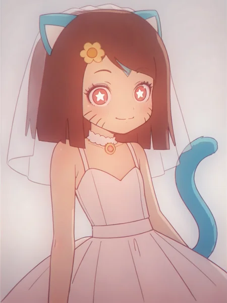 score_9, score_8_up, score_7_up, score_anime, rating_explicit, uncensored, BREAK, <lora:Gumball-Girl_PDXLv1:0.8> gumball-girl, brown hair, whisker markings, star-shaped pupils, cat ears, cat tail, solo, white background, white dress, white wedding dress,