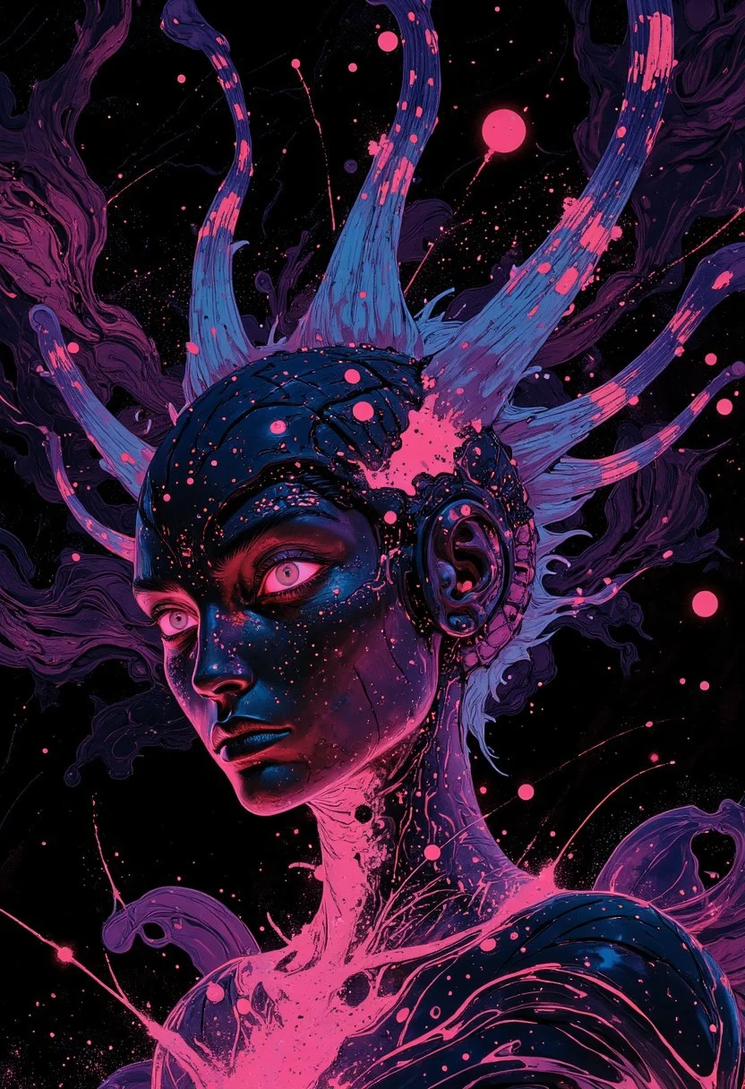 A striking, hyper-realistic close-up portrait of a solar human, where the entire skin—both facial and bodily—is intricately composed of thousands of tiny, luminous neon dots, each rendered with exceptional precision. These dots form a vibrant, mesmerizing mosaic, creating the illusion of glowing, radiant skin. The color palette is dominated by radiant pinks, electric blues, and hints of neon purples, with the dots arranged to emphasize key facial features like the cheekbones, forehead, and jawline. Larger, more concentrated clusters of dots gather at these focal points, amplifying the contours and highlighting the structure of the face. The skin seems to pulse with light, as if alive, reflecting the otherworldly nature of this cosmic being. The background consists of dark, abstract swirling patterns in deep purples, blacks, and dark blues, creating a sense of space and contrast that accentuates the luminous skin. The surreal beauty of the solar human is further enhanced by subtle glowing effects, giving the scene an ethereal, almost heavenly atmosphere. The portrait is rendered in 8K resolution with high-definition clarity, ensuring every dot and light reflection is meticulously captured. The lighting is soft yet dynamic, casting gentle glows that make the vibrant neon dots stand out even more against the darker, atmospheric backdrop, creating a truly otherworldly, cosmic essence. ((aidmaimageupgrader,Perfect hand, aman0ayam1, Mangaka style))