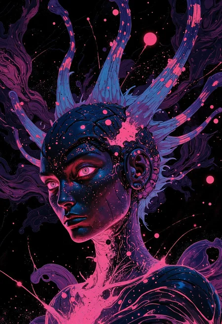 A striking, hyper-realistic close-up portrait of a solar human, where the entire skin—both facial and bodily—is intricately composed of thousands of tiny, luminous neon dots, each rendered with exceptional precision. These dots form a vibrant, mesmerizing mosaic, creating the illusion of glowing, radiant skin. The color palette is dominated by radiant pinks, electric blues, and hints of neon purples, with the dots arranged to emphasize key facial features like the cheekbones, forehead, and jawline. Larger, more concentrated clusters of dots gather at these focal points, amplifying the contours and highlighting the structure of the face. The skin seems to pulse with light, as if alive, reflecting the otherworldly nature of this cosmic being. The background consists of dark, abstract swirling patterns in deep purples, blacks, and dark blues, creating a sense of space and contrast that accentuates the luminous skin. The surreal beauty of the solar human is further enhanced by subtle glowing effects, giving the scene an ethereal, almost heavenly atmosphere. The portrait is rendered in 8K resolution with high-definition clarity, ensuring every dot and light reflection is meticulously captured. The lighting is soft yet dynamic, casting gentle glows that make the vibrant neon dots stand out even more against the darker, atmospheric backdrop, creating a truly otherworldly, cosmic essence. ((aidmaimageupgrader,Perfect hand, aman0ayam1, Mangaka style))