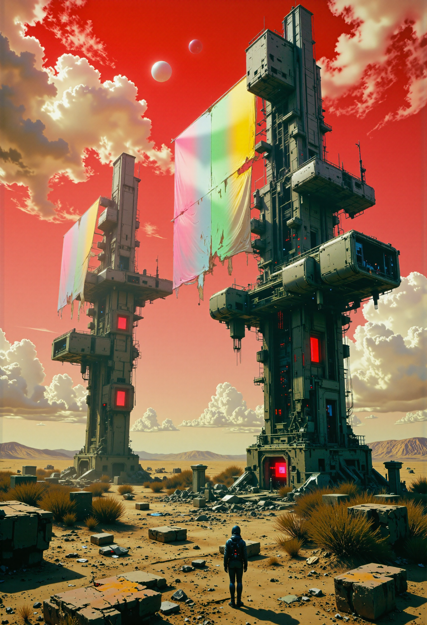 highest details, ultra hyper realism. highly detailed and realistic. intricate and highly professional artwork, an absolute masterpiece.
Monochrome with color accents, retro scan of 80s-anime-ai spectral neon gradient, a hauntingly dystopian 80s sci-fi aesthetic. Dark space tones, lofi retro-futuristic design, neon-pastel colors, grainy, vintage. A digital painting in the style of ck-js, Zelda-inspired towering solar sails amidst a barren wasteland. Colossal, weathered solar sails rise like skyscrapers into a pale, crimson sky, some fully extended to capture the dwindling energy of the sun, while others hang tattered and broken, their massive frames exposed to the elements. Beneath the sails lies a desolate desert of cracked, arid earth, littered with remnants of abandoned structuresâa translucent, decaying plastic mansion and glowing observation towers emitting faint neon hues of pink, green, and blue. The horizon is muted gray and beige, with swirling sand clouds that catch the dim light of a fractured, dystopian sun. The composition is cinematic, with volumetric lighting and a dusty atmosphere, soft shadows, and a shallow depth of field. Film grain adds a vintage, National Geographic-style texture to the scene, evoking both wonder and despair in this hyper-detailed, hyper-realistic masterpiece. The overall atmosphere captures the melancholic beauty of humanityâs once-grand technological ambitions now left to decay.
<lora:artilands_v02_epoch_6:0.8> <lora:GrainScape:0.8> 8n8log, film photography aesthetic, film grain effect prominent throughout image, high contrast lighting creating dramatic shadows, grainy film-like texture  <lora:neon-mist03:0.8> neon-mist