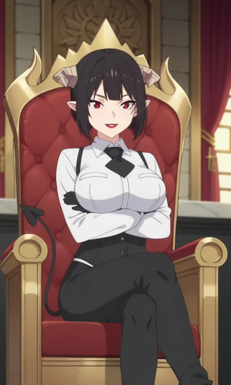 score_9, score_8_up, score_7_up, 1girl,  <lora:torture_tortura:1> torturaxl, red eyes, black hair, short hair, pointy ears, facial mark, black gloves, large breasts, red lips, demon horns, demon tail, black pants, black corset, white shirt, collared shirt, long sleeves, black necktie, vest, demon girl, crossed arms, cross legs, sitting, 
throne, throne room,  smile, cowboy shot, indoors, room, natural light, dynamic shadows, anime style, screencap