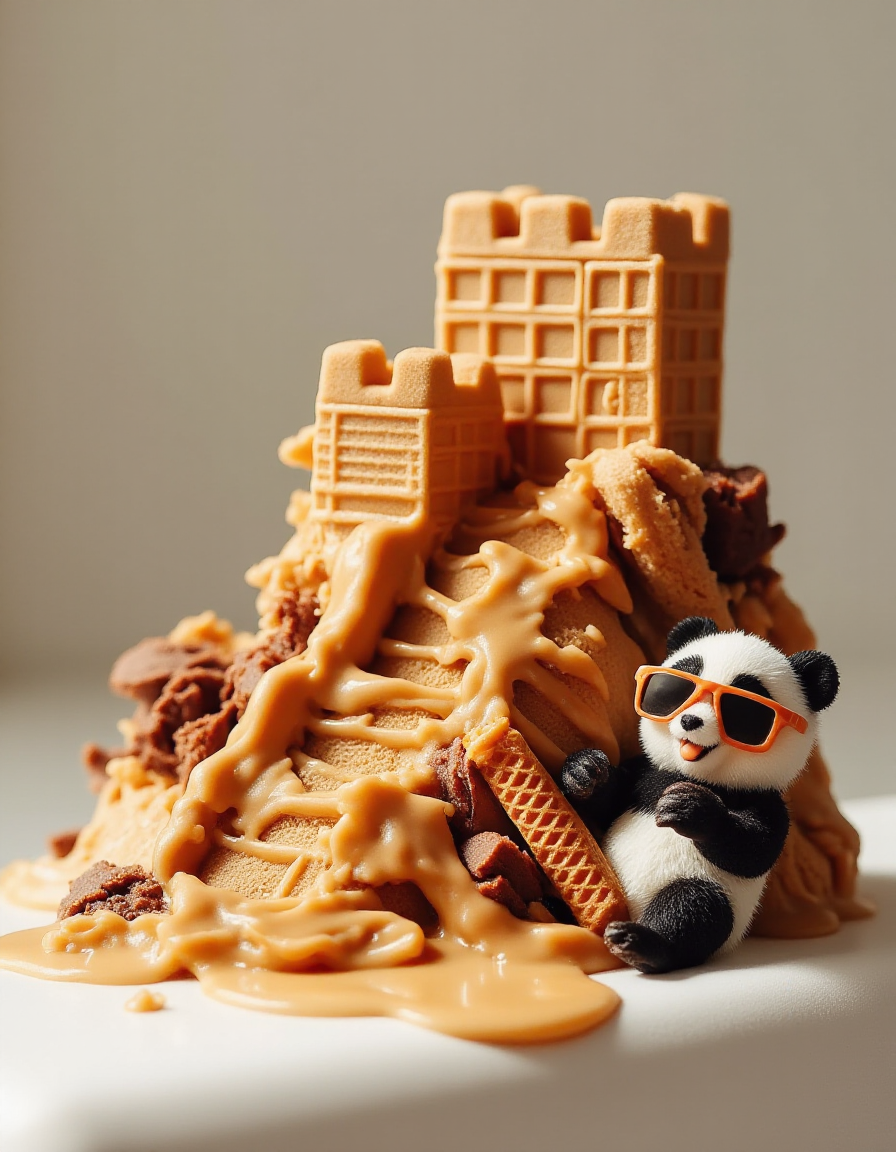 A melty, swirled ice cream sculpture shaped like the Great Wall of China, but itâs sagging under the heat, with chunky chocolate "bricks" sliding off. A tiny waffle-cone panda is lounging on the side, happily licking up the melting ice cream while wearing sunglasses. ð¼âï¸
<lora:ice-cream-cone-flux:1>