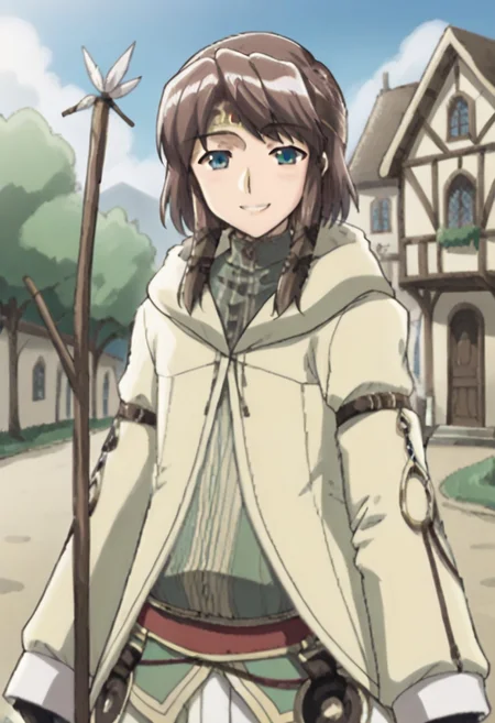 ivan, androgynous, brown hair, medium bangs, circlet, blue eyes, looking at viewer, smile, layered clothes, hood down, coat, long sleeves, green tunic, belt, white pants, gloves, holding, holding staff, male focus, solo, outdoors, village setting