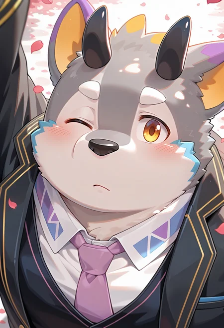 masterpiece, dreamlike atmosphere, vibrant, detailed, absurdres, highres, amazing_quality, best quality, <lora:belphegor-15A:1> hbelp, dog_boy, 1boy, solo, school uniform, black blazer, black vest, white shirt, purple necktie, falling petals, dappled sunlight, one eye closed, eye focus, from above, outstretched arm, arm up, expressionless, reaching towards viewer,