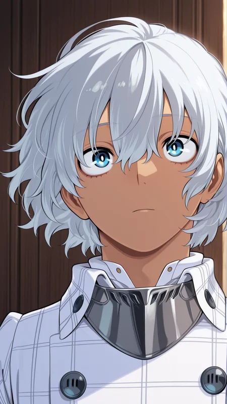 Masterpiece, best quality, newest, solo, 1boy, male focus, <lora:IlluWill:0.9> illuwillb, dark skin, hair between eyes, white hair, blue eyes, <lora:Kohei_Horikoshi-IllustriousV102-guy90:1.5> ihshok,