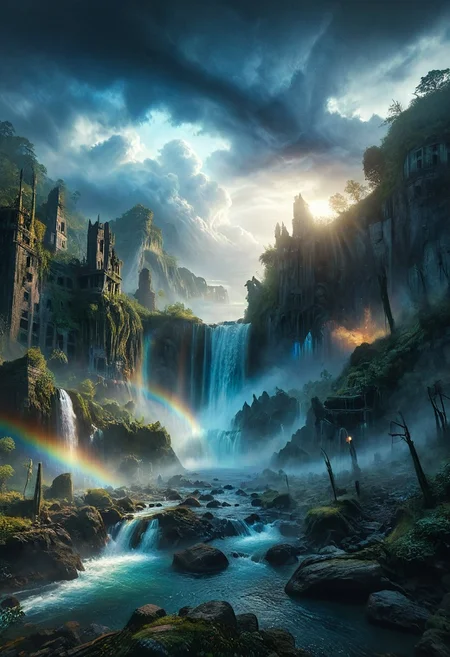 dark, low-key,
A detailed dramatic illustration of a rainbow, with blue color dark magic splash, rainbow on sky, from a waterfall cliff to a cloud, dark gothic, a demon coming out of the waterfall, 3D Vector Art, fantasy art, watercolor effect, bokeh, Adobe Illustrator, hand-drawn, digital art, isometric style, retro aesthetic, focused on the character, 4K resolution, photorealistic rendering, using cinema 4D 
Wide range of colors., Dramatic,Dynamic,Cinematic,Sharp details
Insane quality. Insane resolution. Insane details. Masterpiece. 32k resolution.
dvr-lnds-sdxl, ral-apoctvisn, zavy-rmlght,