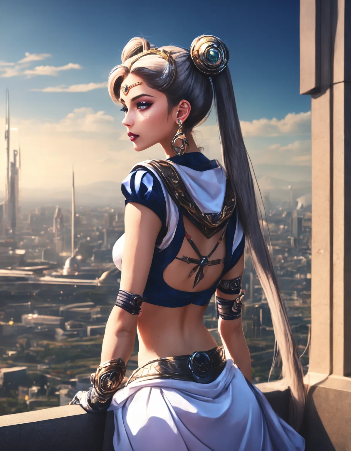 (Beautiful cyborg princess looking out over her lands from a tall tower, league of legends, long legs, belly dancer, high heels, intricate detail, cyberpunk Japan, futuristic, clean sharp focus) <lora:Dusk_XL_Goth_Moon_dadapt_cos_1e-7:0.8> 1girl, long hair, twintails, jewelry, hair bun, earrings, double bun, tsukino usagi, sailor collar, choker, hair ornament, crescent, sailor moon, skirt, gloves, very long hair