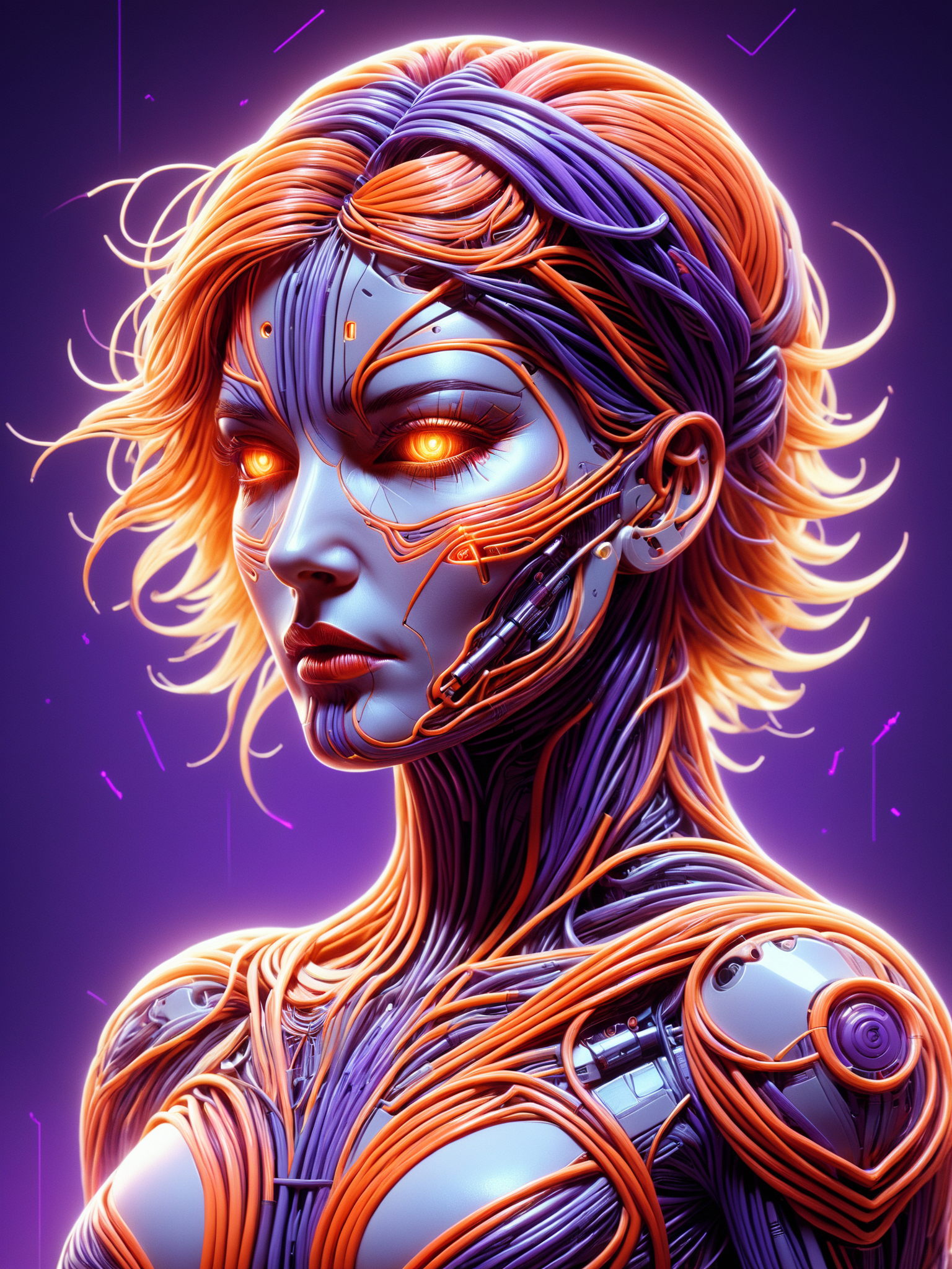 female cyborg made of mad-cable,  in the style of alphonse mucha, geometric pattern in the background, neon_orange lightning, neon_red lightning, neon_purple lightning, cables, wires, synthwave, vaporwave, retro futurism, Classic headshot pose   <lora:Cables_SDXL:0.8>  <lora:Neon_Cyberpunk_SDXL_Cyberspace:0.5> mad-cyberspace, cyberpunk, scifi, 1980s, retro <lora:aesthetic:1> aesthetic <lora:sd_xl_dpo_lora_v1:1>, (masterpiece:1.2), best quality, (hyperdetailed, highest detailed:1.2), high resolution textures