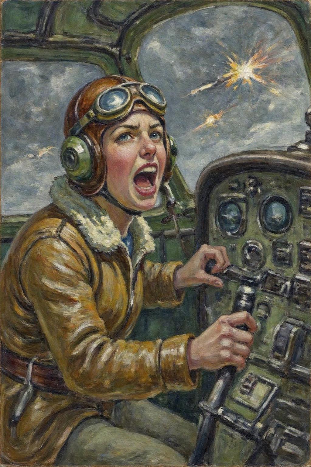 dorotheasharp1 painting. 
A female pilot screaming inside the cockpit of a World War II bomber. The pilot, wearing a vintage leather flight helmet with goggles and a bomber jacket, grips the controls with white-knuckled hands. Her face is contorted in a mix of fear and determination as she yells, her eyes wide with adrenaline. The cockpit is cramped and filled with old-fashioned dials and gauges, with the outside view showing dark stormy clouds and distant anti-aircraft fire <lora:dorotheasharp1_f16:1.0><lora:867774843301448433:0>