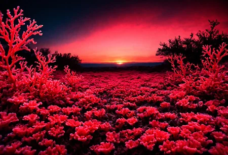 sfw, pg, field with flowers and coral sunrise