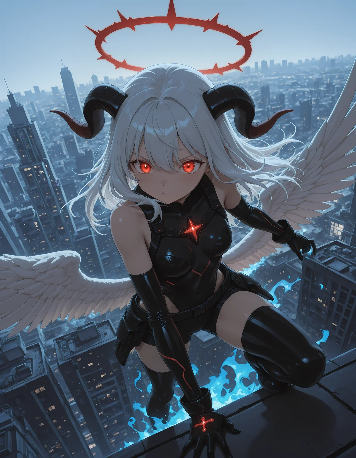 anime, 1girl, red eye, glowing red halo, glowing eyes, eye trail, goat horns, white angle wings, feathers, angled view, low wings, black leotard, armored shorts, black thighhighs, black gloves, white hair, holding blue fire in one hand, dynamic pose, <lora:standing_on_the_edge:1> 5t4nd1ng_0n_3dg3, wind, skyline