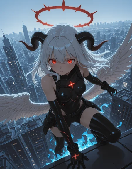 anime, 1girl, red eye, glowing red halo, glowing eyes, eye trail,  goat horns, white angle wings, feathers, angled view, low wings, black leotard, armored shorts, black thighhighs, black gloves, white hair, holding blue fire in one hand, dynamic pose, <lora:standing_on_the_edge:1> 5t4nd1ng_0n_3dg3, wind, skyline