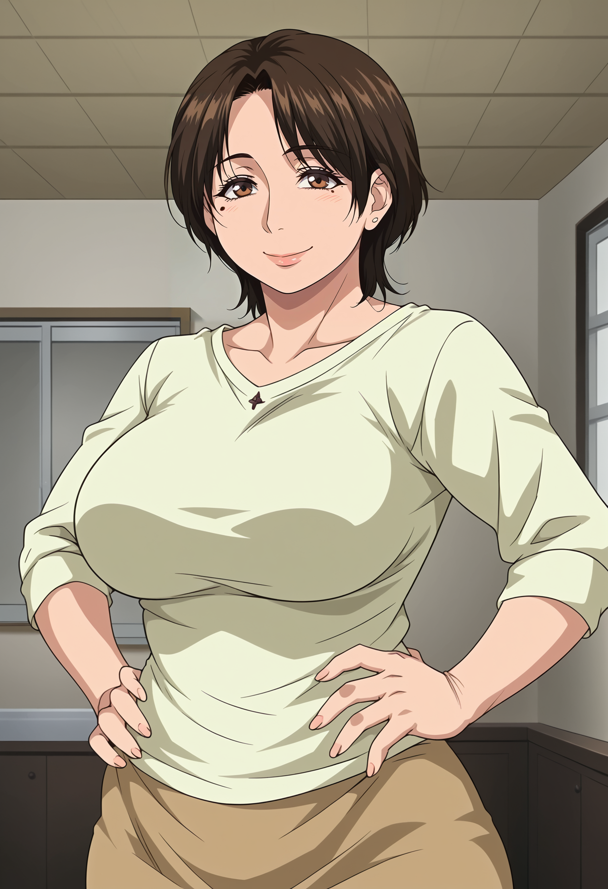 <lora:Saori-Konna_ni_Yasashiku_Sareta_no:0.8>,Saori,mature female,1girl,solo,brown hair,short hair,brown eyes,mole under eye,large breasts,shirt,skirt,cowboy shot, hands on own hips, looking at viewer, smile,indoors