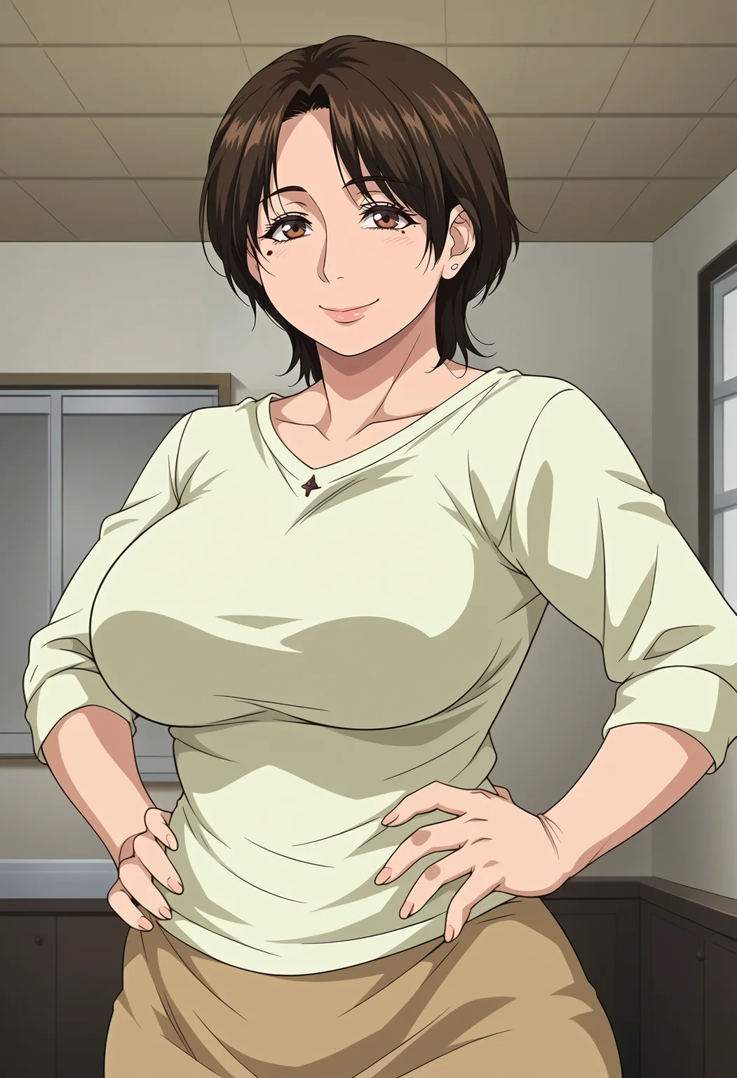 <lora:Saori-Konna_ni_Yasashiku_Sareta_no:0.8>,Saori,mature female,1girl,solo,brown hair,short hair,brown eyes,mole under eye,large breasts,shirt,skirt,cowboy shot, hands on own hips, looking at viewer, smile,indoors