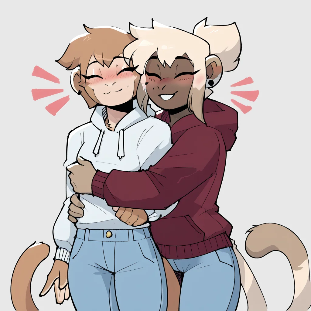 score_9_up, score_8_up, score_7_up, score_6_up, by remanedur, furry female, kae, monkey, white arms, white and dark body, dark body, multicolored body, female, furry, white hair, ear piercing, head tilt, sweater, blush, jeans, simple background, hug, embrace, eyes closed, happy, smile, slim, female/female, romantic, romantic couple, mouse, monkey, monika lee, female, furry, short hair, brown hair, brown body, monkey tail, duo, hoodie, athletic, sportswear, dominant female, eyes closed, head tilt, blush, <lora:PDXL_artist_tags_v2_big:0.6> <lora:The-Minuscule-Task_PDXL_v1.0:0.7> <lora:Kae_Sonokido:0.8> <lora:Monika_Lee_427deer:0.75>