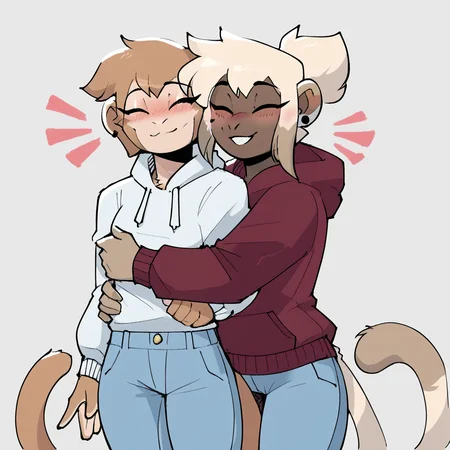 score_9_up, score_8_up, score_7_up, score_6_up, by remanedur, furry female, kae, monkey, white arms, white and dark body, dark body, multicolored body, female, furry, white hair, ear piercing, head tilt, sweater, blush, jeans, simple background, hug, embrace, eyes closed, happy, smile, slim, female/female, romantic, romantic couple, mouse, monkey, monika lee, female, furry, short hair, brown hair, brown body, monkey tail, duo, hoodie, athletic, sportswear, dominant female, eyes closed, head tilt, blush, <lora:PDXL_artist_tags_v2_big:0.6> <lora:The-Minuscule-Task_PDXL_v1.0:0.7> <lora:Kae_Sonokido:0.8> <lora:Monika_Lee_427deer:0.75>