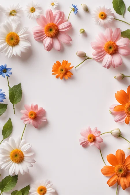 (<lora:jing:0.8>YJ),no humans,flower,still life,white flower,pink flower,leaf,white background,simple background,daisy,blue flower,realistic,orange flower,
