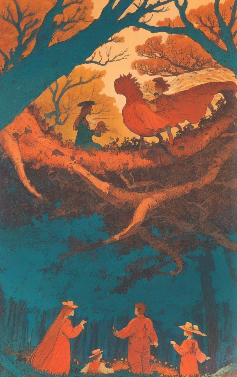 artwork <lora:Moebius:1>, Medium Shot of a family, rural landscape, majestic forest canopy,trogloxene,vibrant coral ecosystem